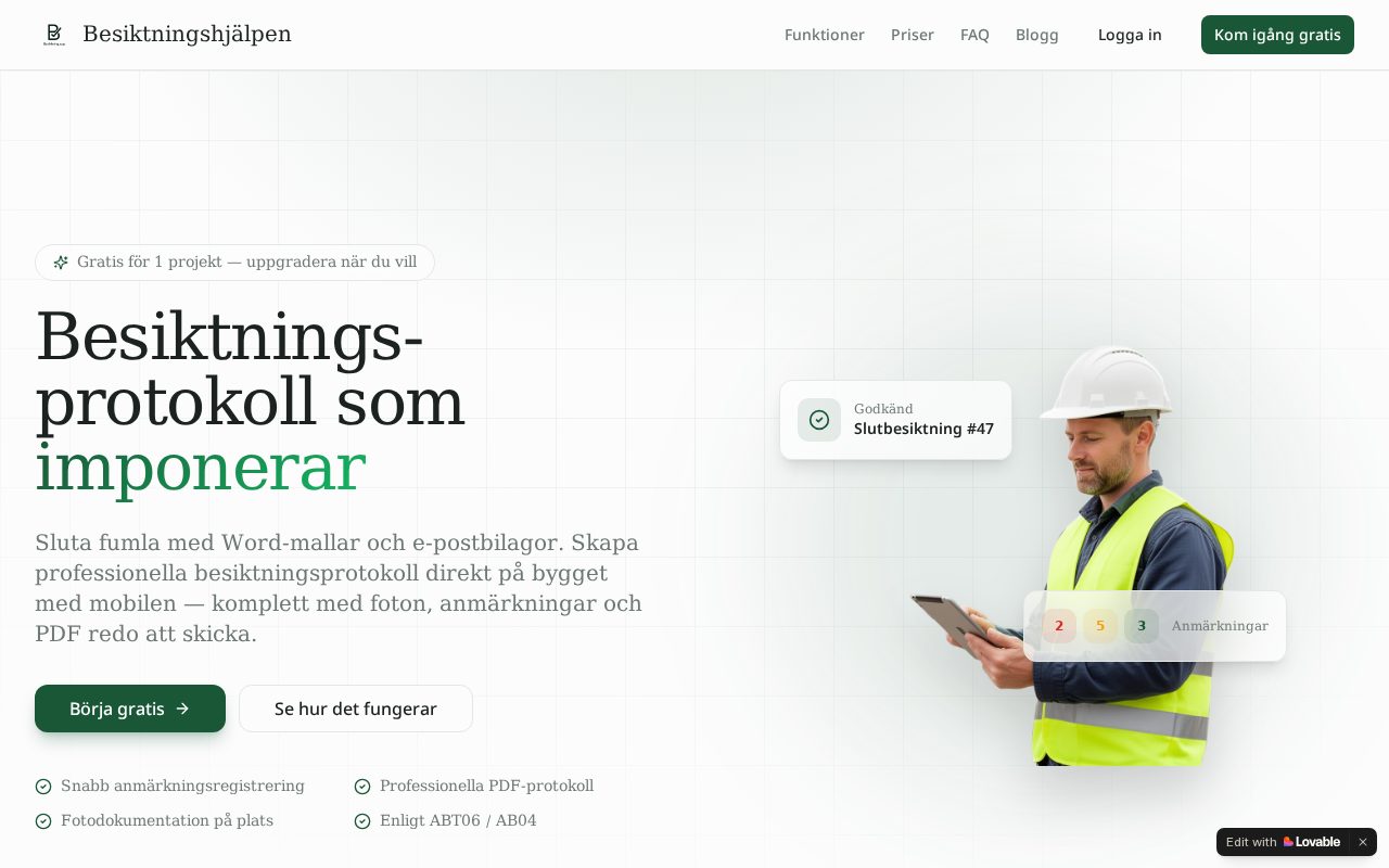 Skärmbild av Besiktningshjälpen